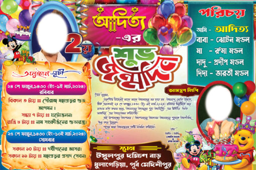 Birth Day Invitation Card - Suvo Janmodin Card - Digital Invitation Card - 9" x 6" - PSD