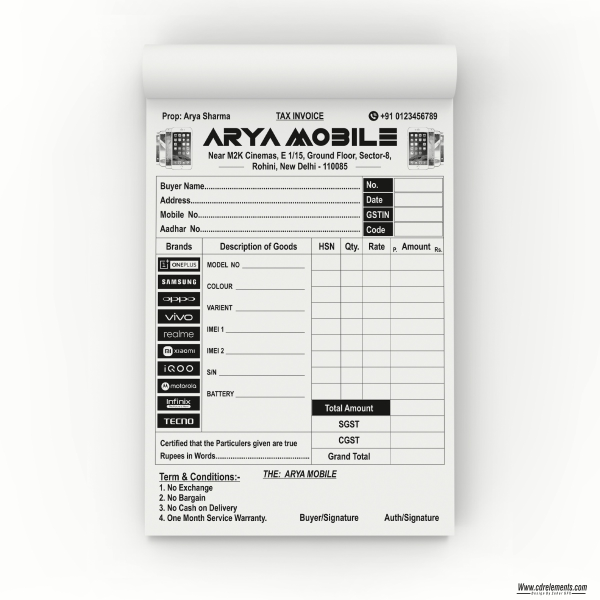 Arya Mobile Shop Invoice Bill Book Design CDR File » Cdrelements.com