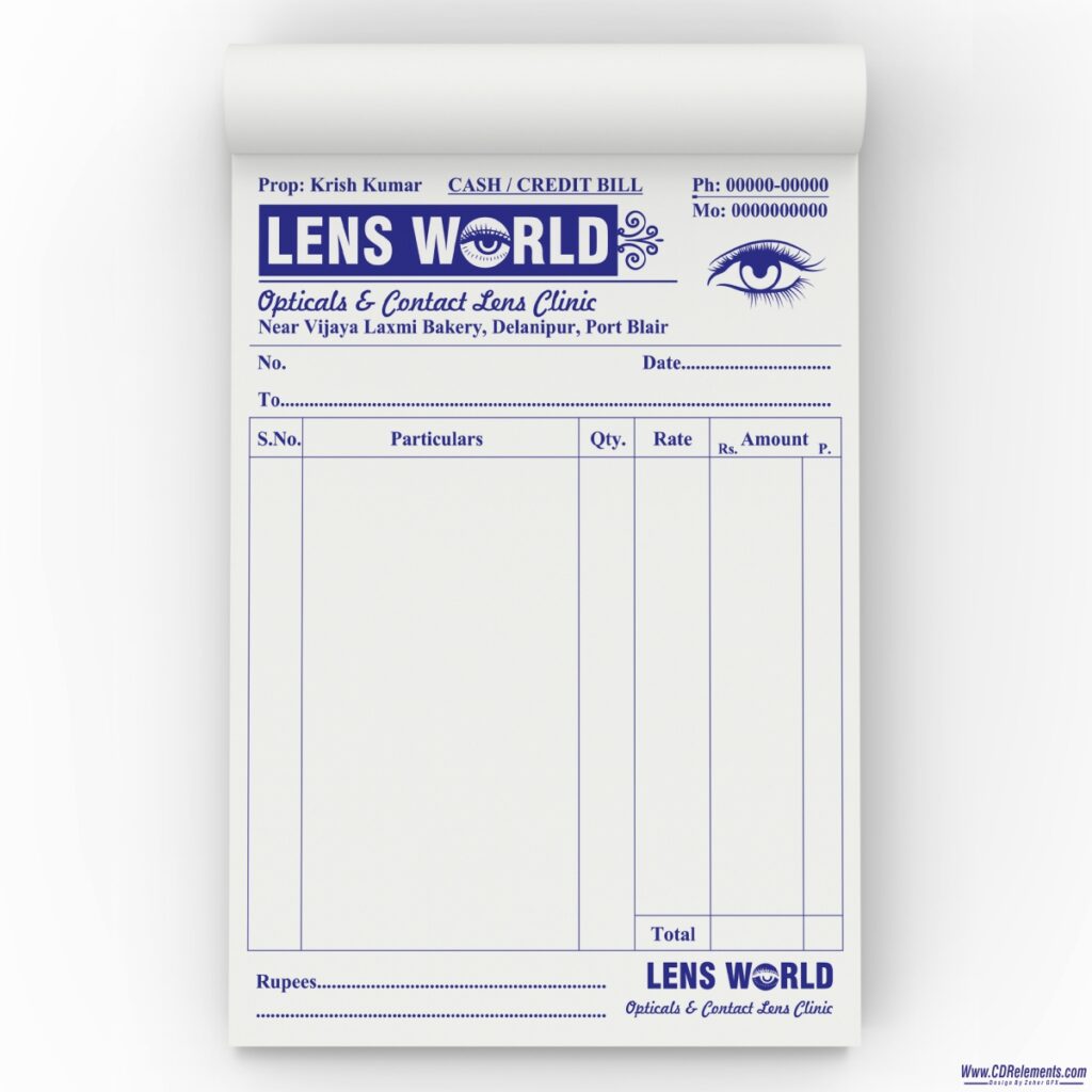 LENS WORLD (CONTACT LENS CLINIC) INVOICE BILL BOOK DESIGN CDR FILE ...